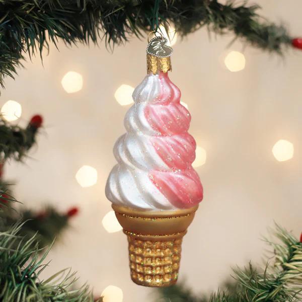 Ornament - Blown Glass - Strawberry Swirl Soft Serve