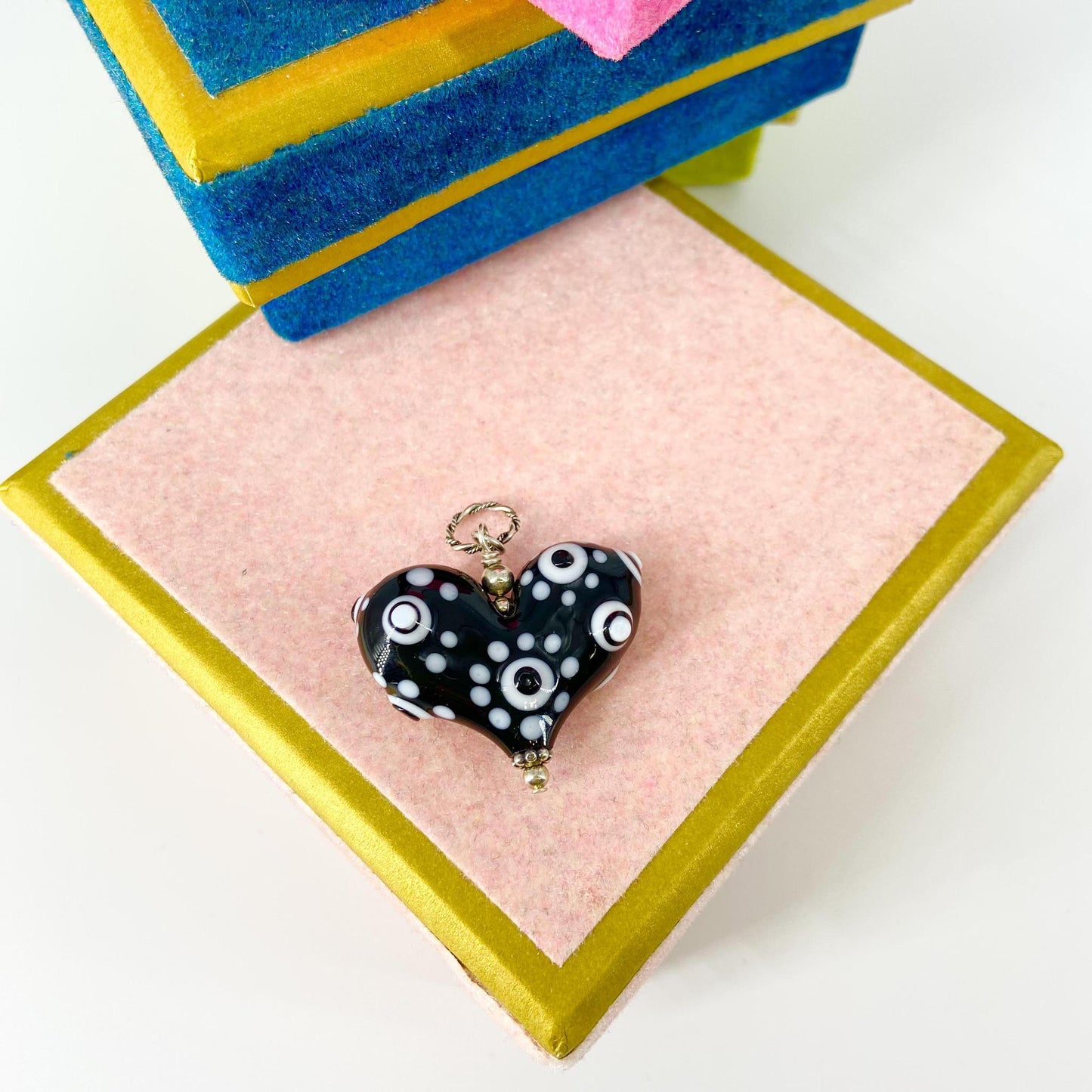 Pendant - Black & White Bumpy Heart - Glass & Sterling Silver