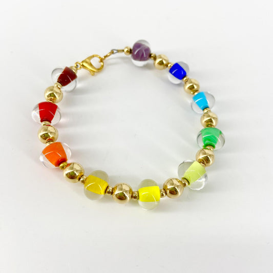 Bracelet - Glass Pearl & Gold Plate - Rainbow