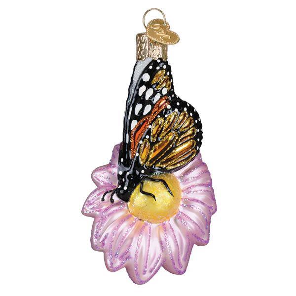 Ornament - Blown Glass - Monarch Butterfly on Flower