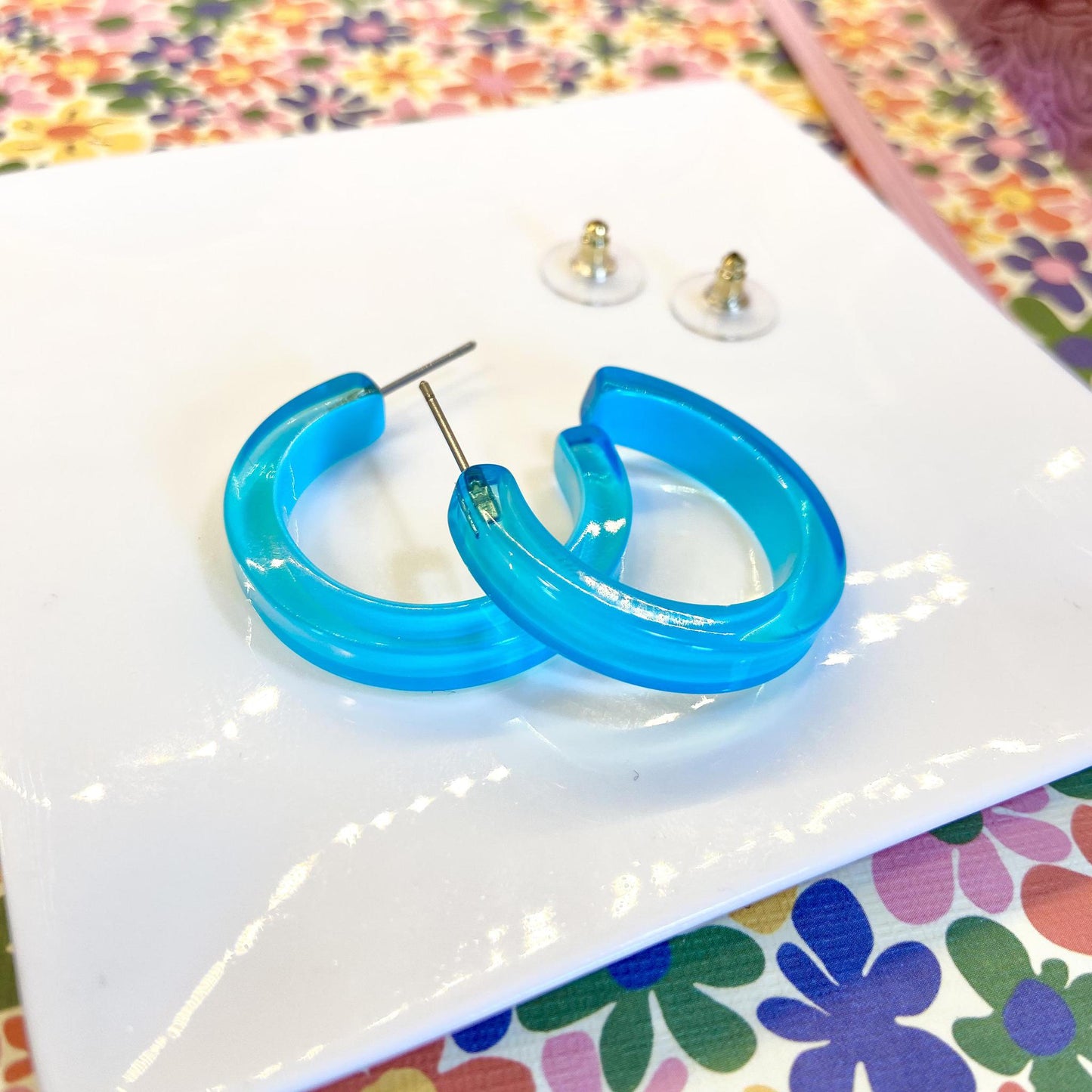 Earrings - Small Hoop - Neon Blue - Resin