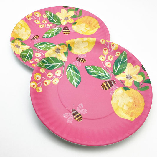 Plate - Melamine "Paper Plate" - Bees on Pink - 9"