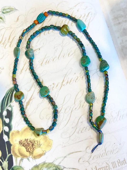 Necklace - African Trade Beads and Turquoise on Leather