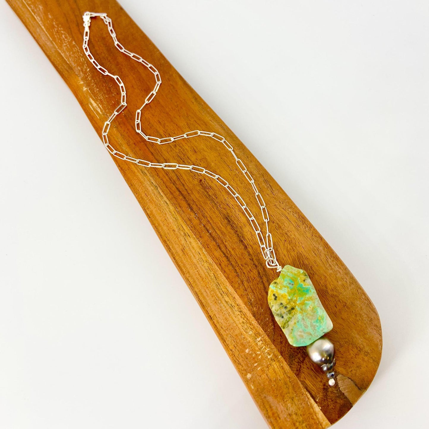 Necklace - Turquoise Slice & Pearl on Sterling Chain