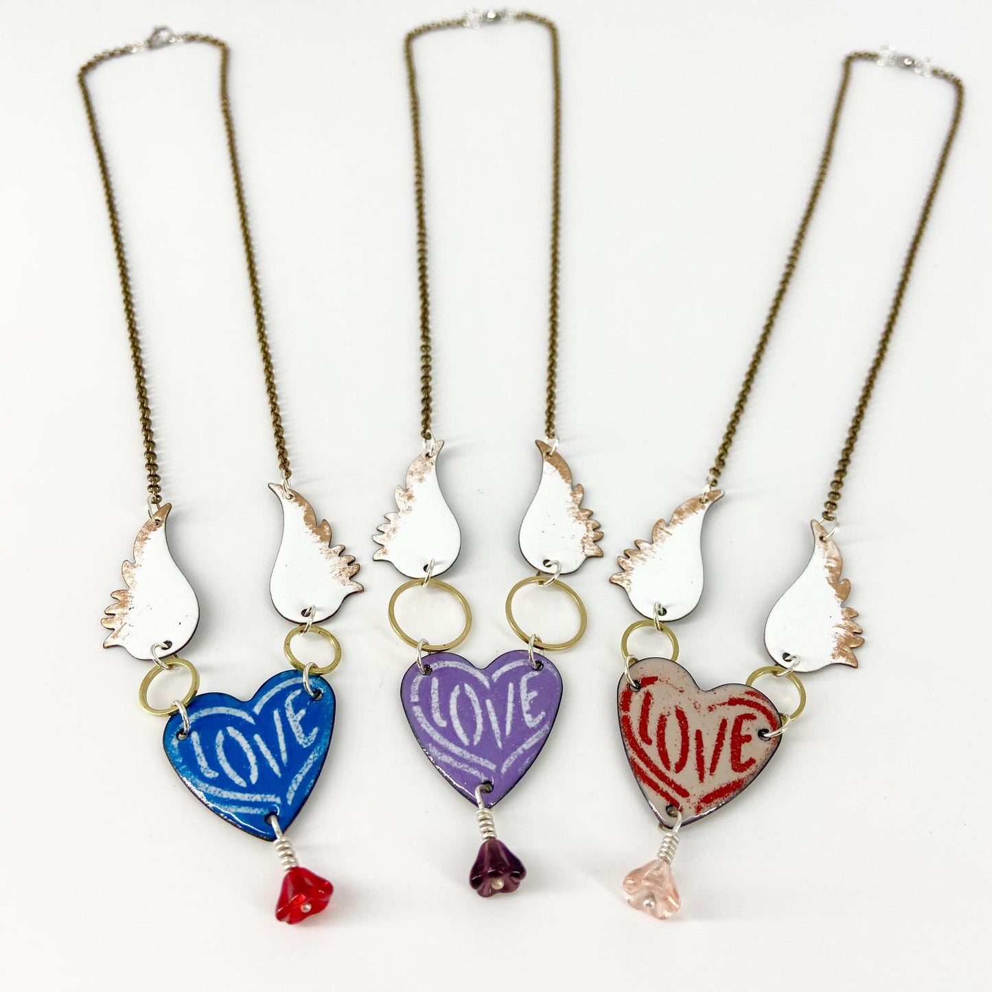 Necklace - Heart with Wings and Beaded Pendant - Enamel on Copper