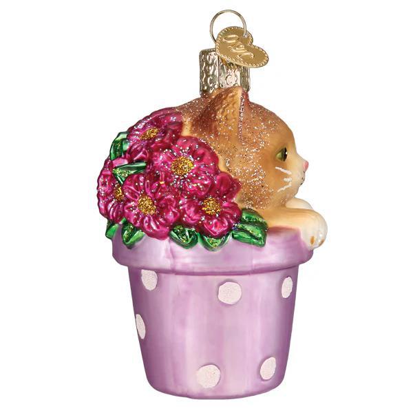 Ornament - Blown Glass - Kitten in Flower Pot