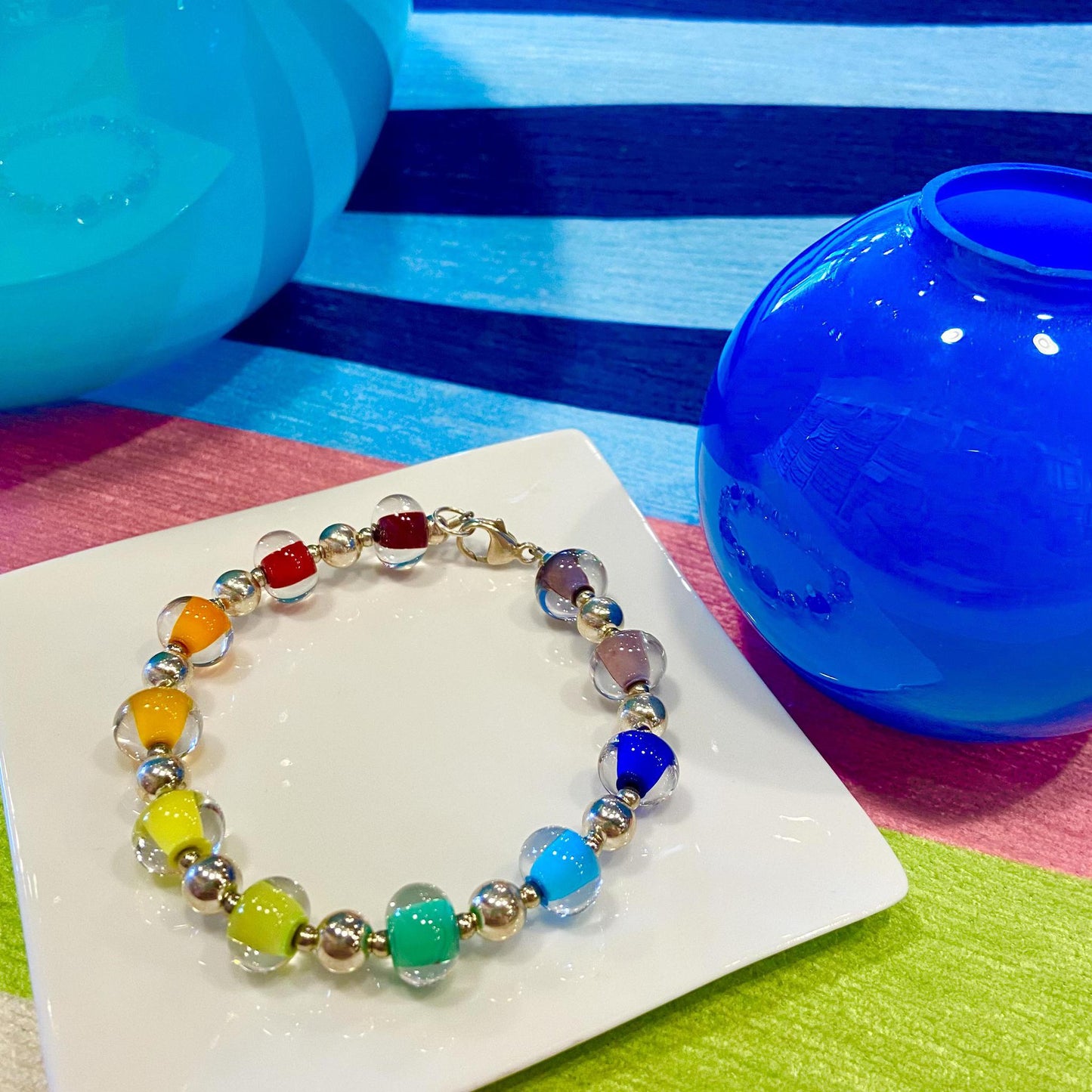 Bracelet - Glass Pearl & Sterling - Rainbow