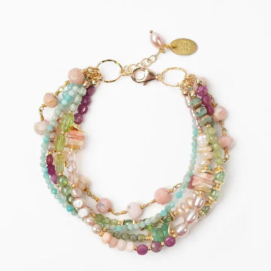 Bracelet - Green Ruby/Pearl/Amazonite/Pink Opal - 14kt Gold on Brass