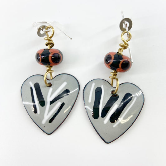 Earrings - Grey Hearts w/ Glass Accent Bead - Enamel (Video)