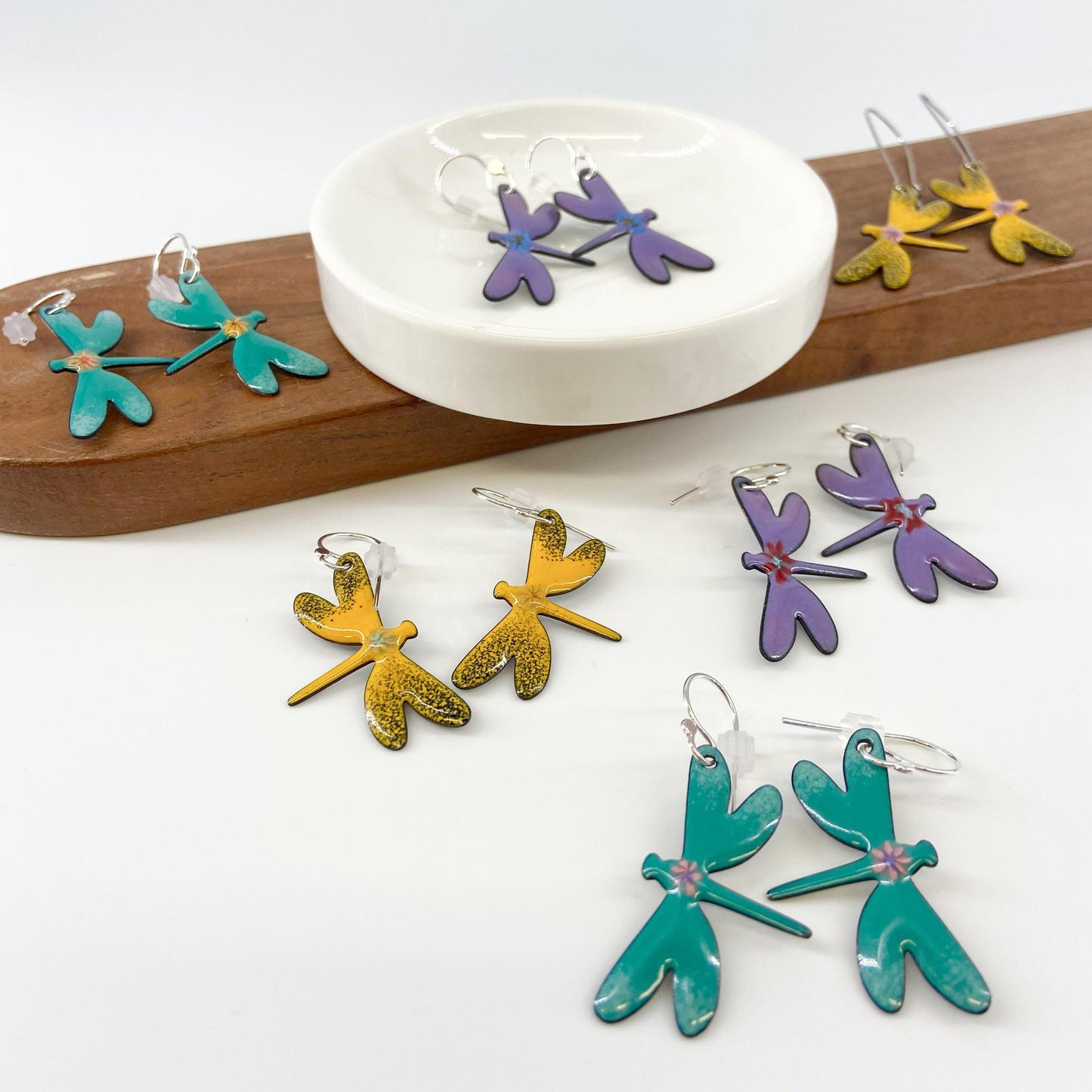 Earrings - Dragonflies With Flowers - Enamel