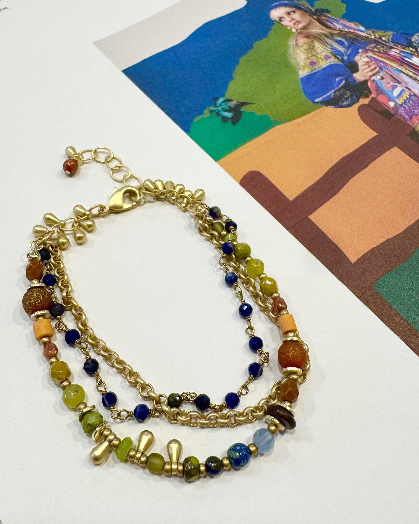 Bracelet - Olive Jade/Czech Glass/Lapis Lazuli - Gold on Brass