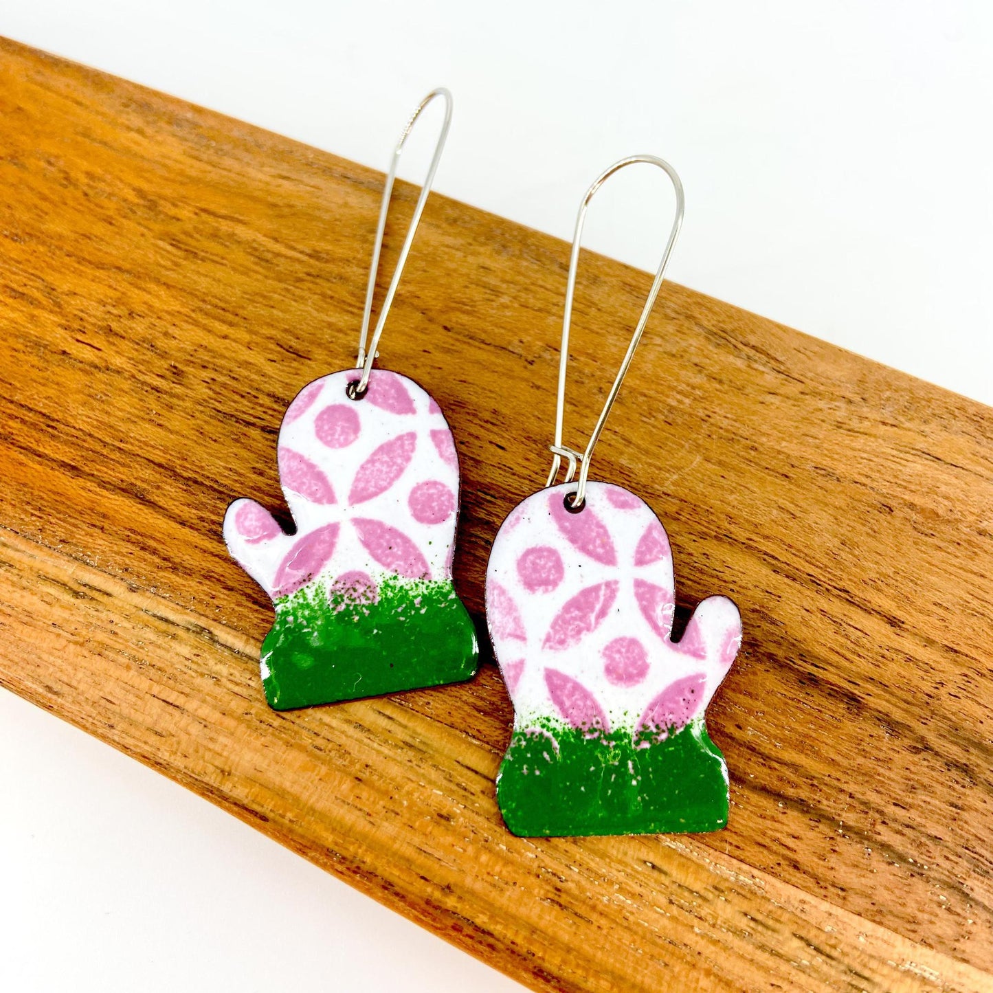 Earrings - Enamel & Copper - Green Cuff Mittens