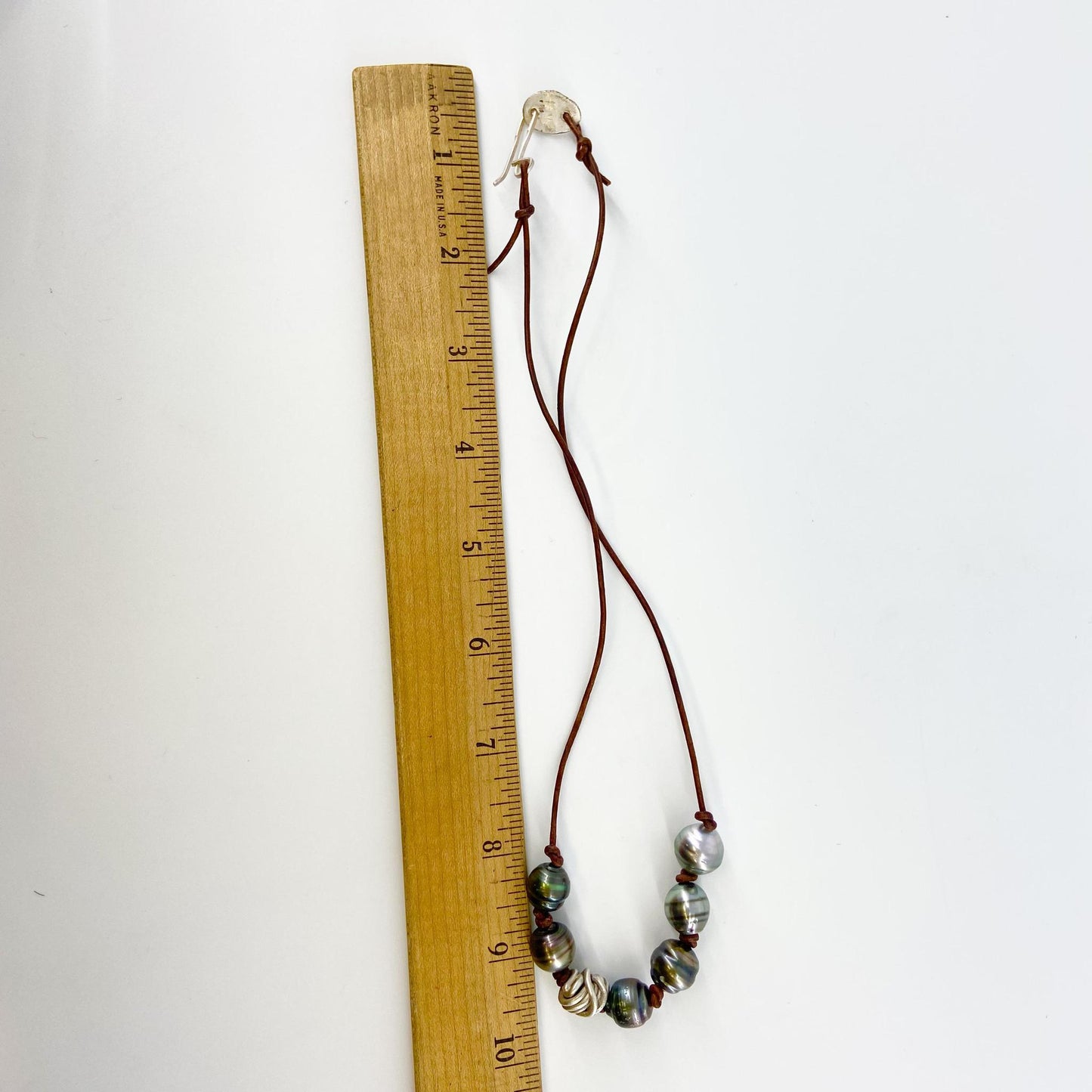 Necklace - Hand-Knotted Dark Grey Pearls on Leather with Sterling Silver