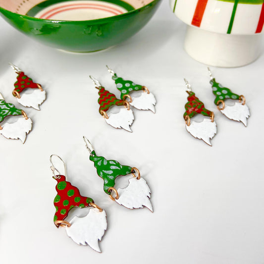 Earrings - Gnome Hat & Beard - Enamel on Copper