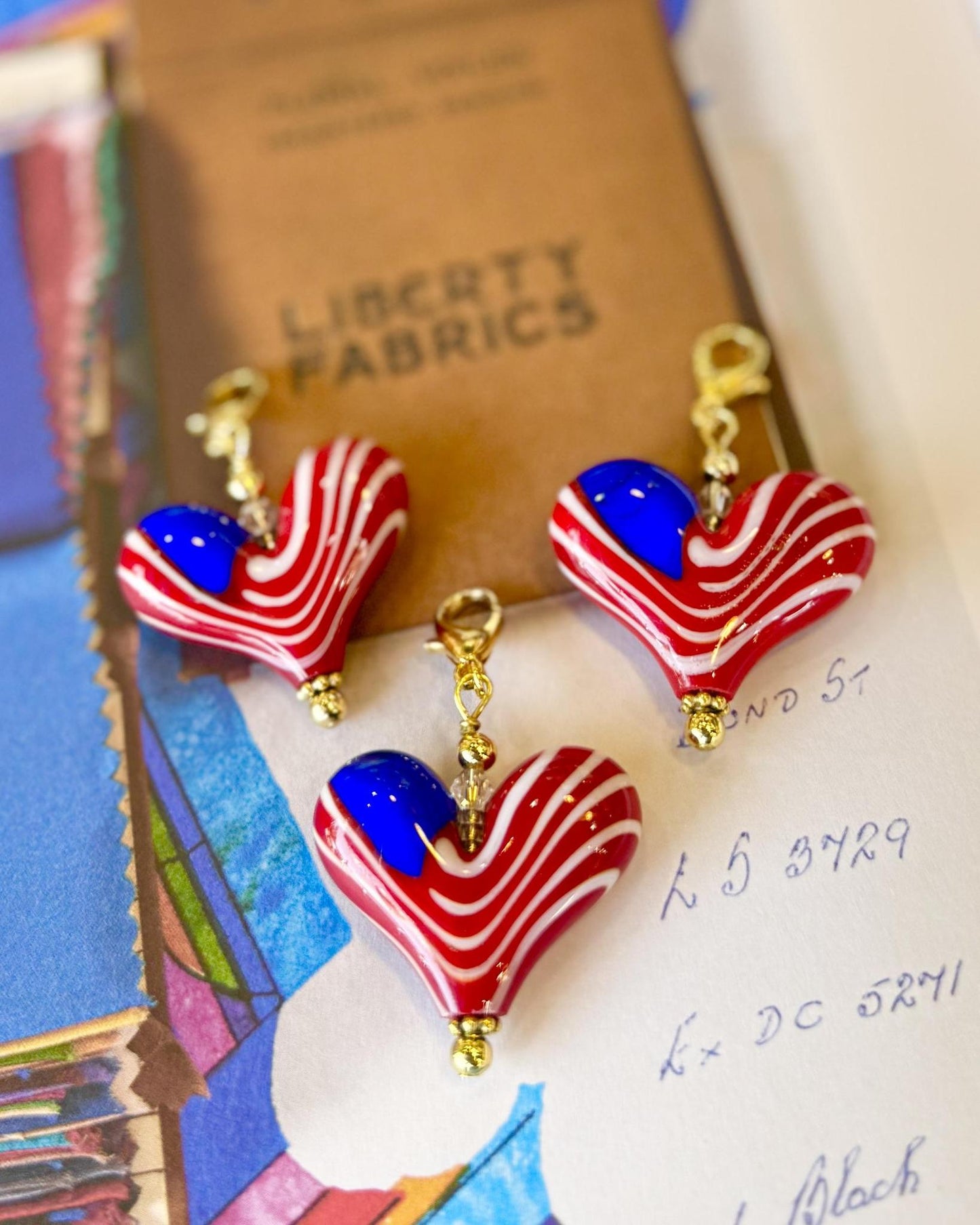 Pendant - USA Flag Glass Heart - Large - Gold Fill