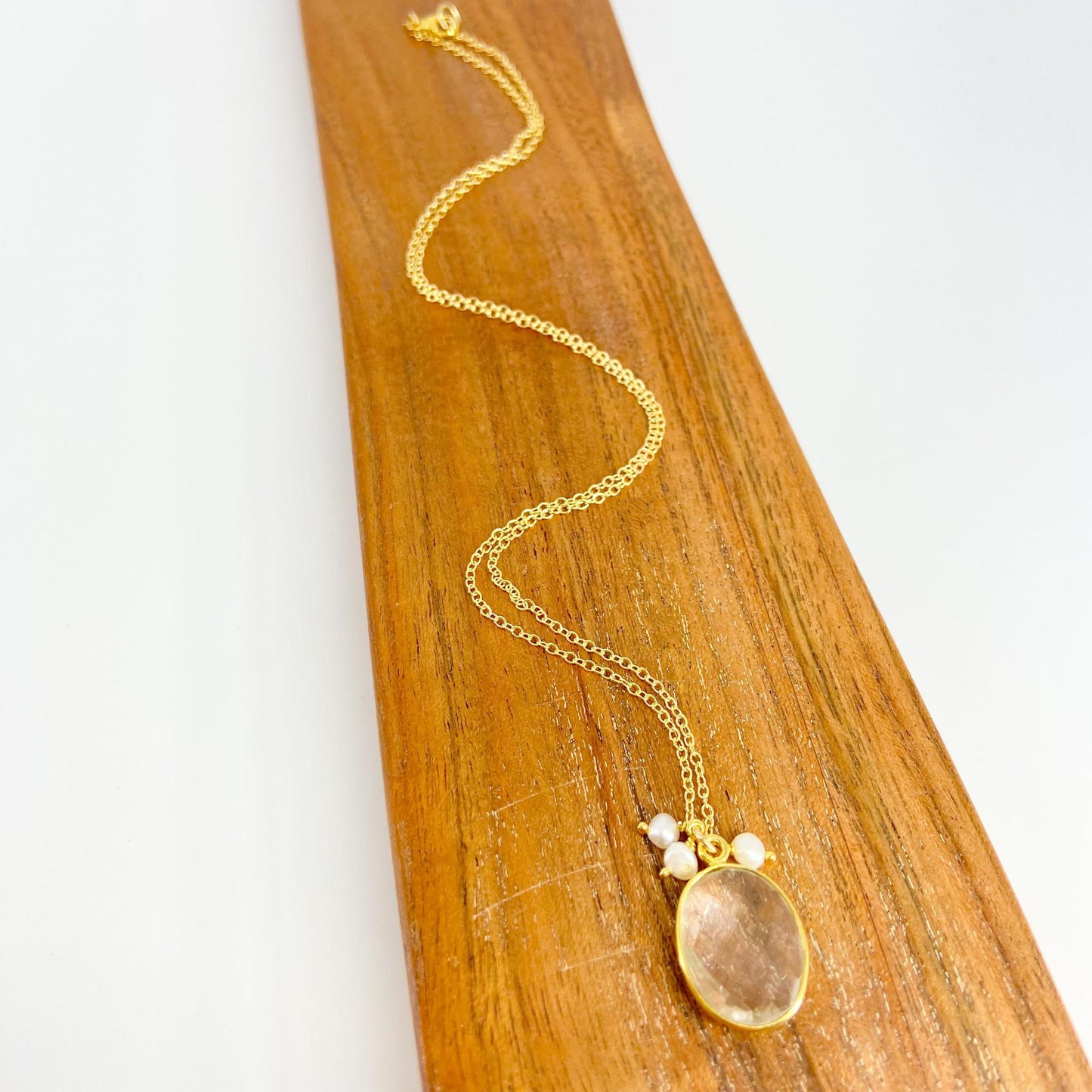 Necklace - Bezel Set Crystal & Pearls - 18K Gold Vermeil