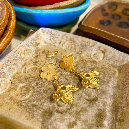 Earrings - Gold Bee & Flower - 24kt Gold Plated