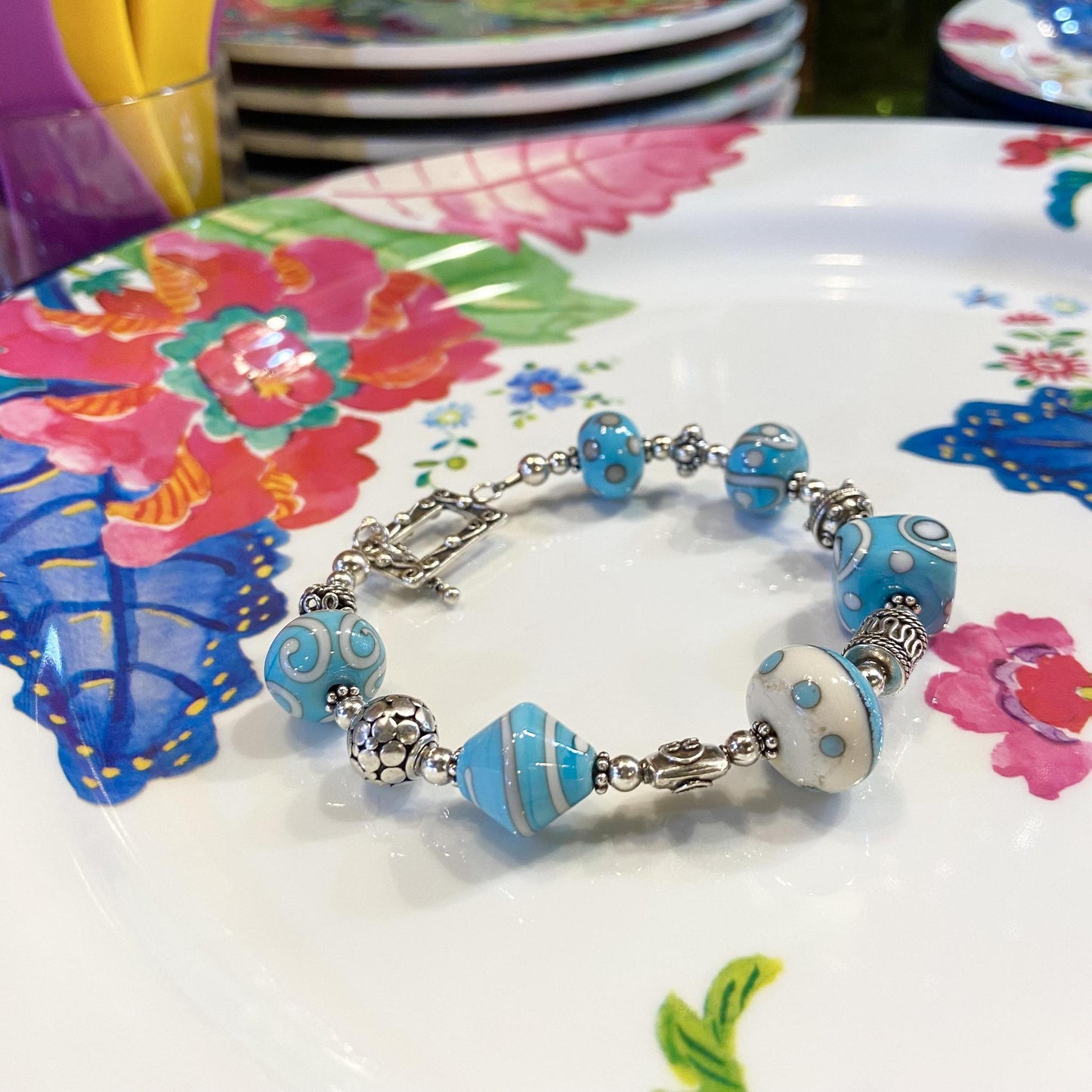 Bracelet - Turquoise & White - Glass Beads & Sterling