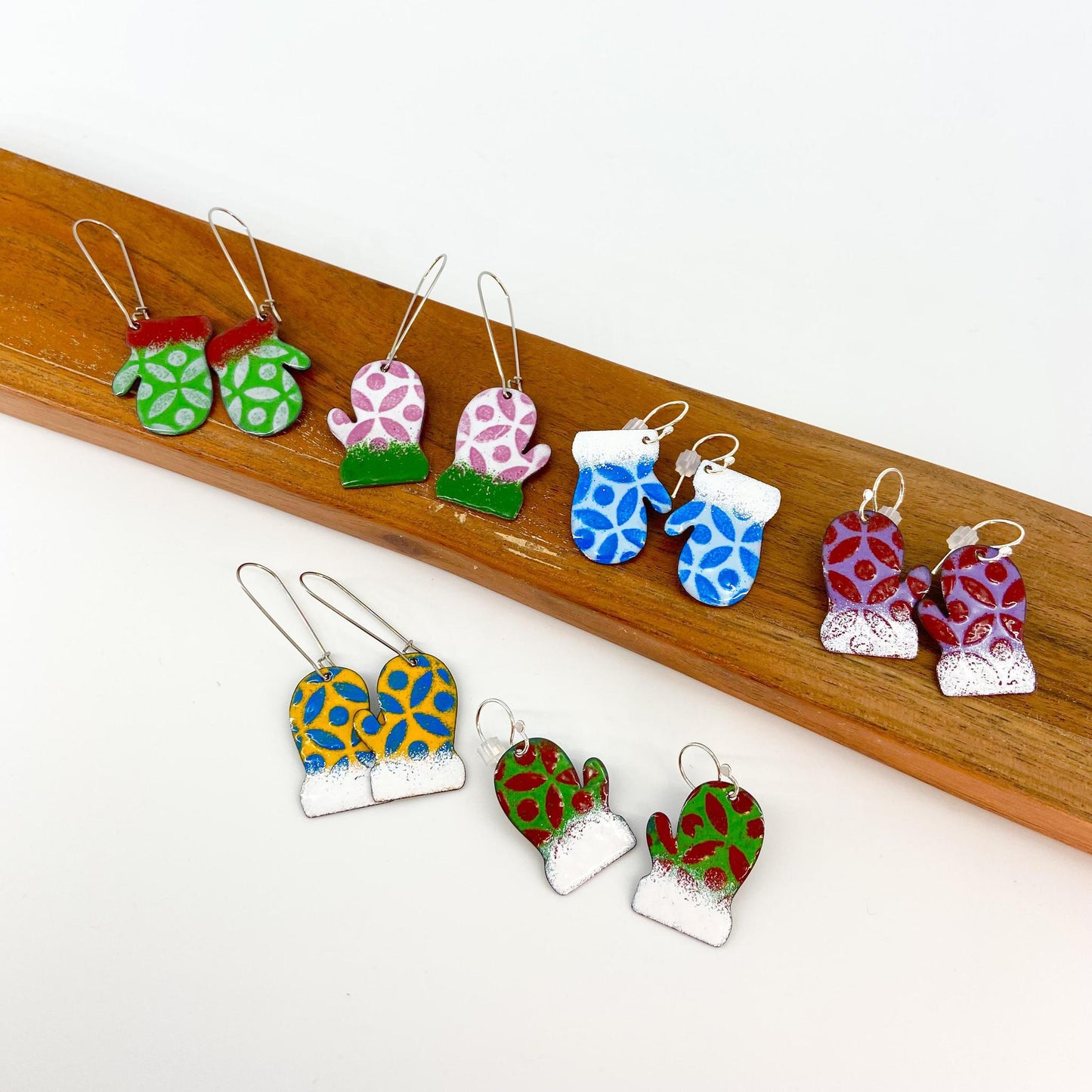 Earrings - Enamel & Copper - Green Cuff Mittens