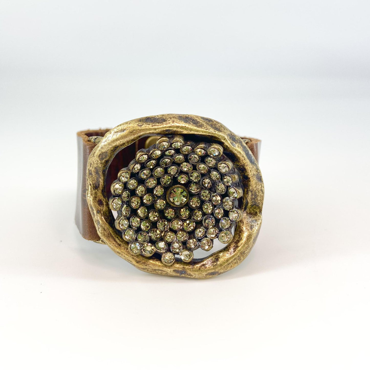 Bracelet - Open Flower Pod - Brass/Leather/Crystals (Video)