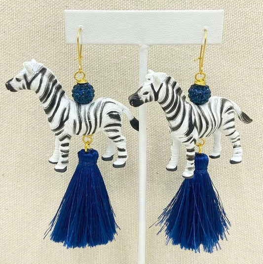 Earrings - Zebras & Blue Tassel