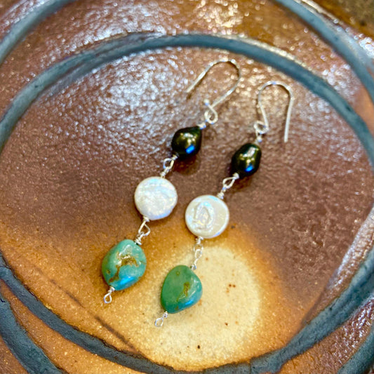 Earrings - Sterling & Pearls & Turquoise - Handmade
