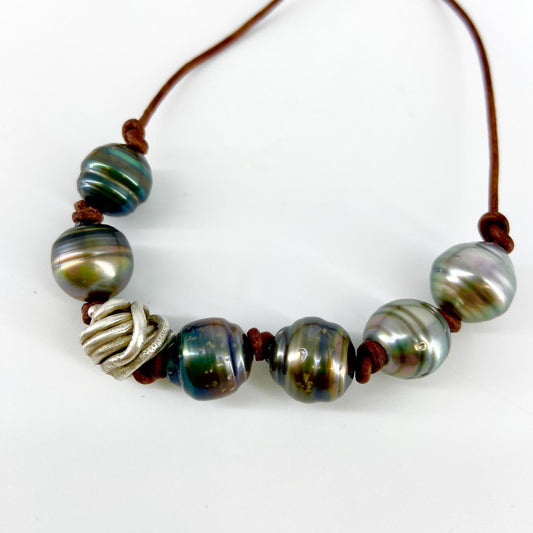 Necklace - Hand-Knotted Dark Grey Pearls on Leather with Sterling Silver