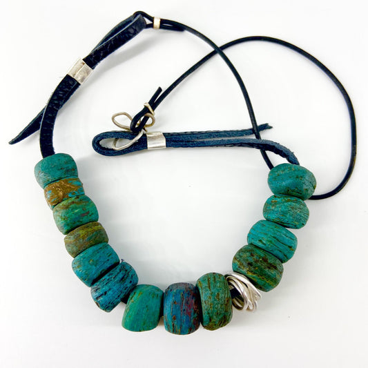 Necklace - 13 Hebron Glass Beads & Sterling Bead on Leather
