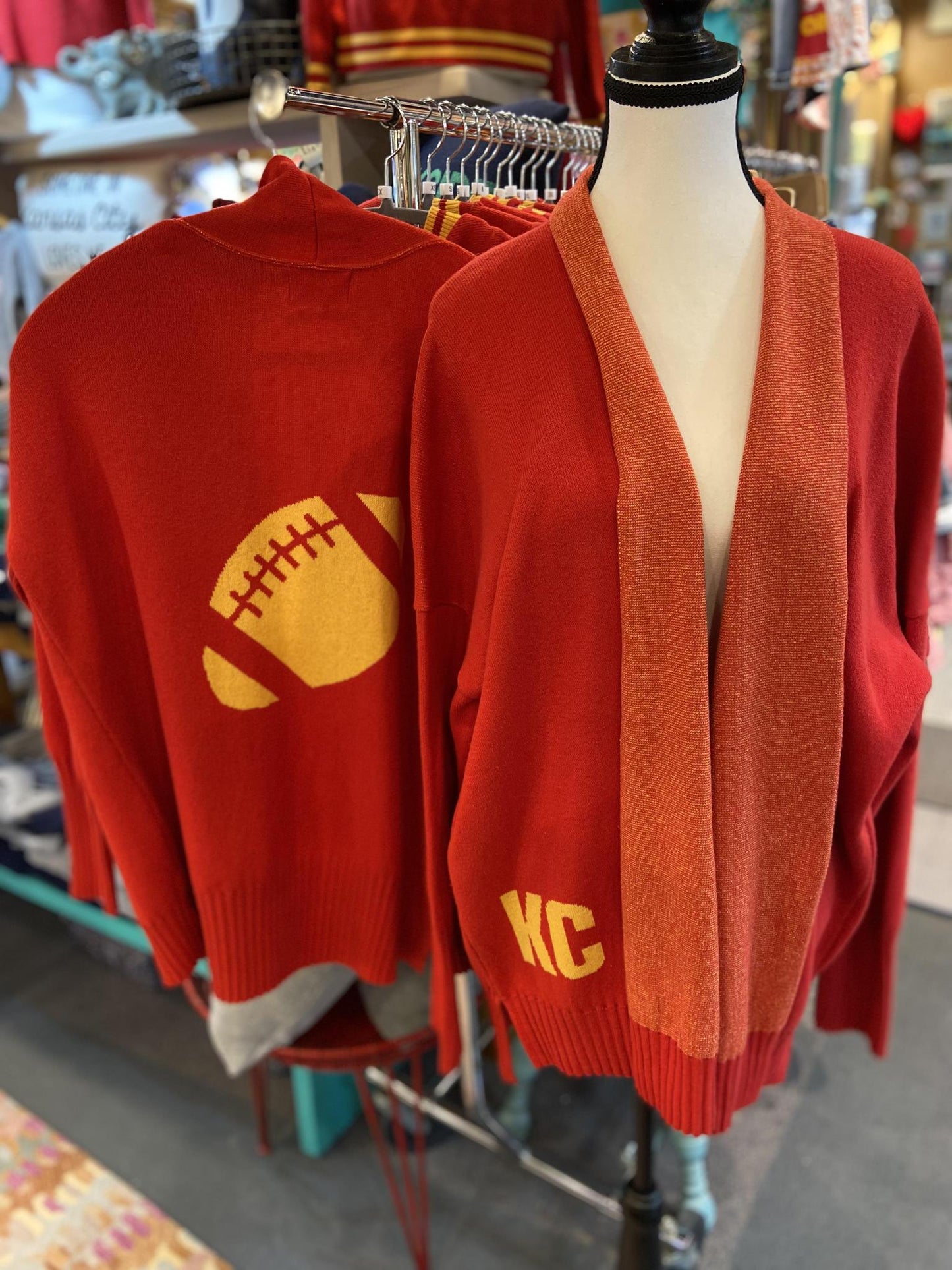 Cardigan - KC on Hip & Football On Back - Yellow on Red