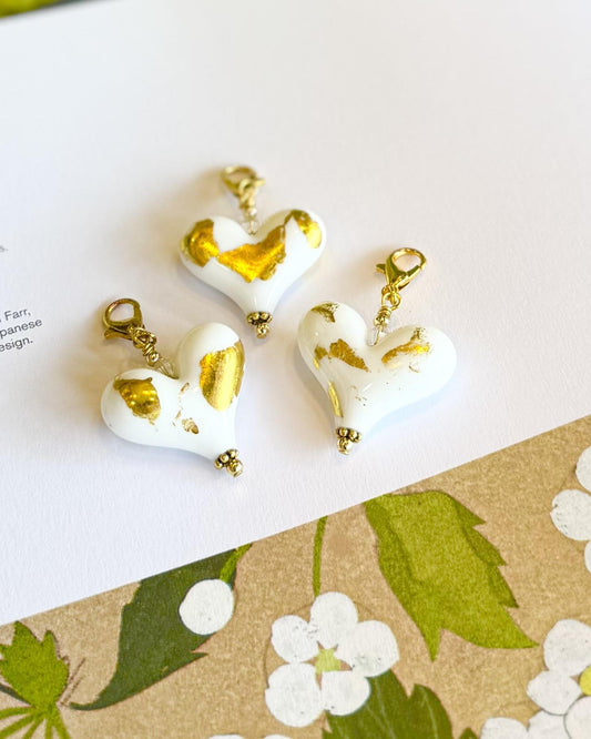 Pendant - White Heart With 18kt Gold Leaf - Medium - Gold Fill