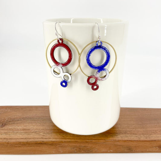 Earrings - Red/White/Blue Bubbles - Enamel on Copper