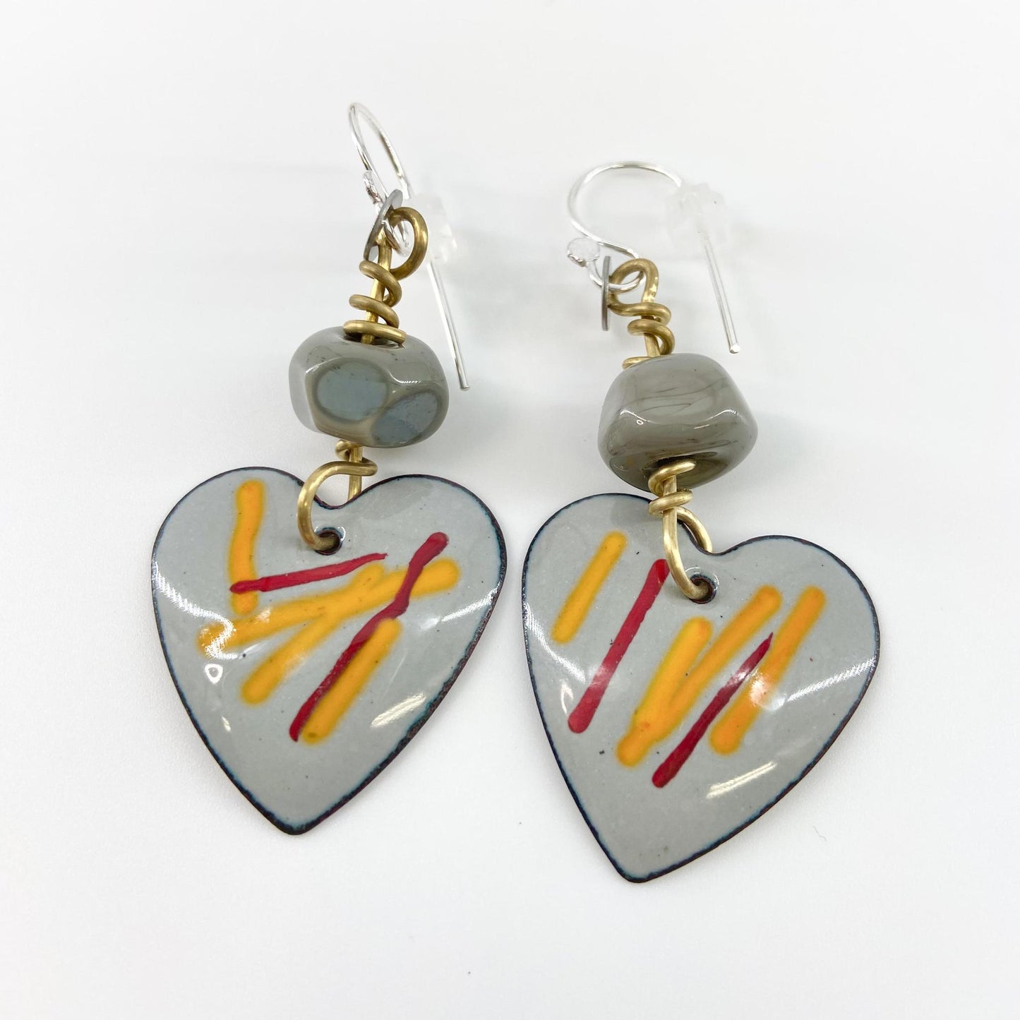 Earrings - Grey Hearts w/ Glass Accent Bead - Enamel (Video)