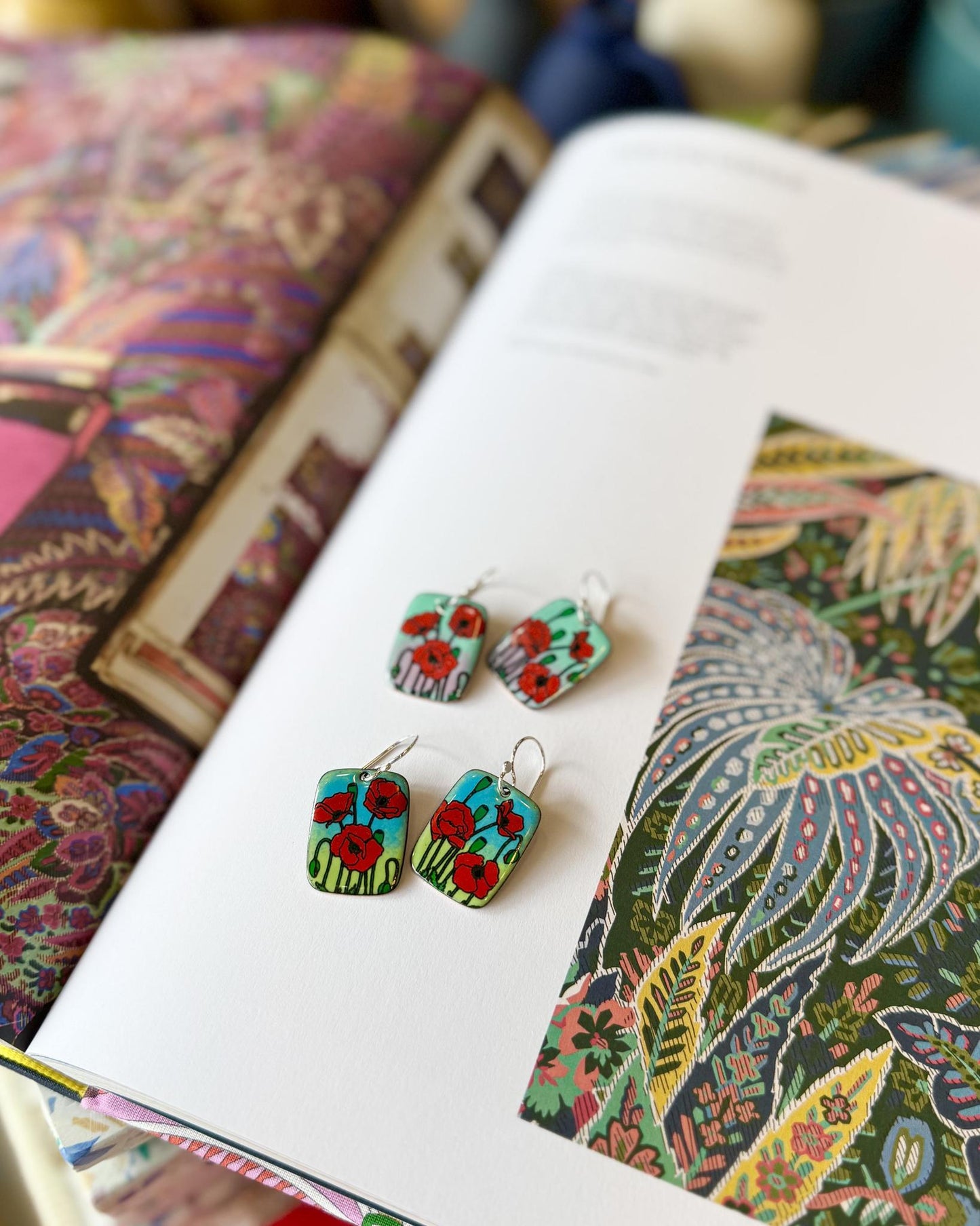 Earrings - Poppies on Rectangles - Enamel on Copper
