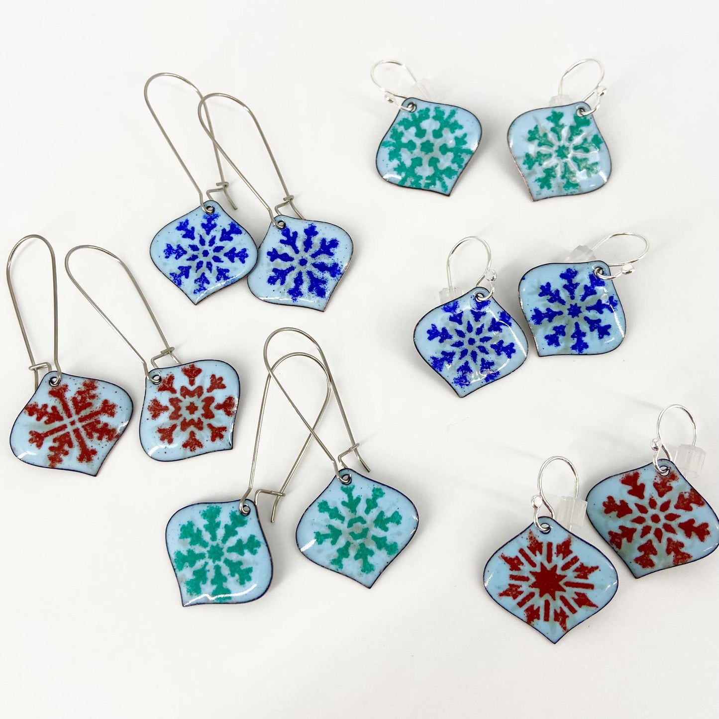 Earrings - Snowflake Ornaments - Enamel on Copper