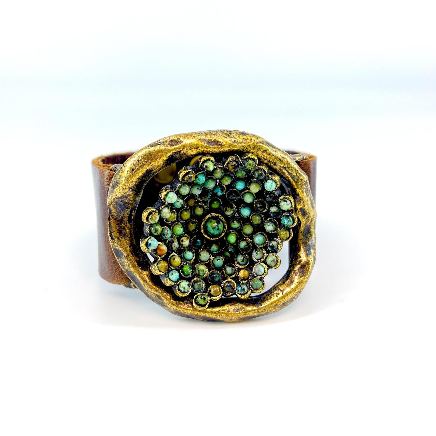Bracelet - Open Flower Pod - Brass/Leather/Crystals (Video)