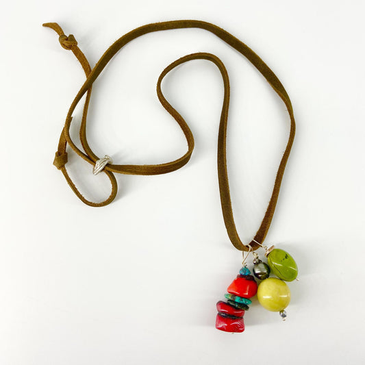 Necklace - Dyed Coral/Turquoise/Pearl/Jasper/Sterling on Leather