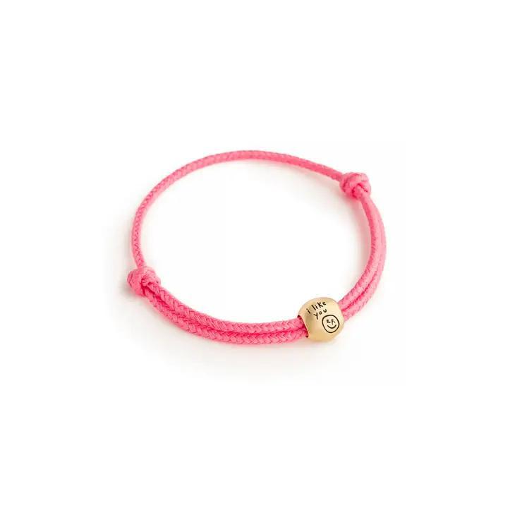 Bracelet - "I Like You...Smiley" - Brass & Cord - Pink