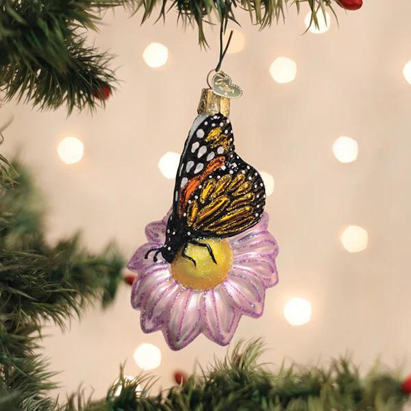 Ornament - Blown Glass - Monarch Butterfly on Flower
