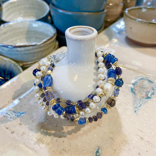 Bracelet - Pearl/Kyanite/Iolite - Silver & Gold on Brass