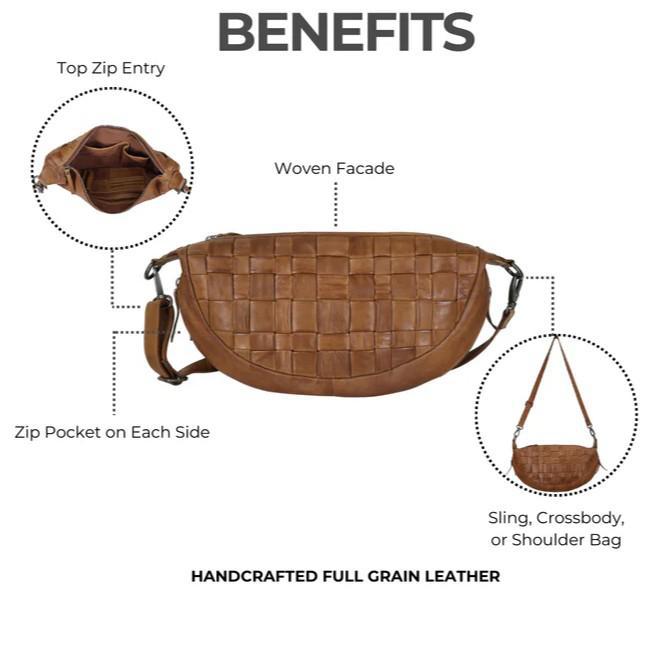 Crossbody/Sling Bag - Woven Leather - Cognac