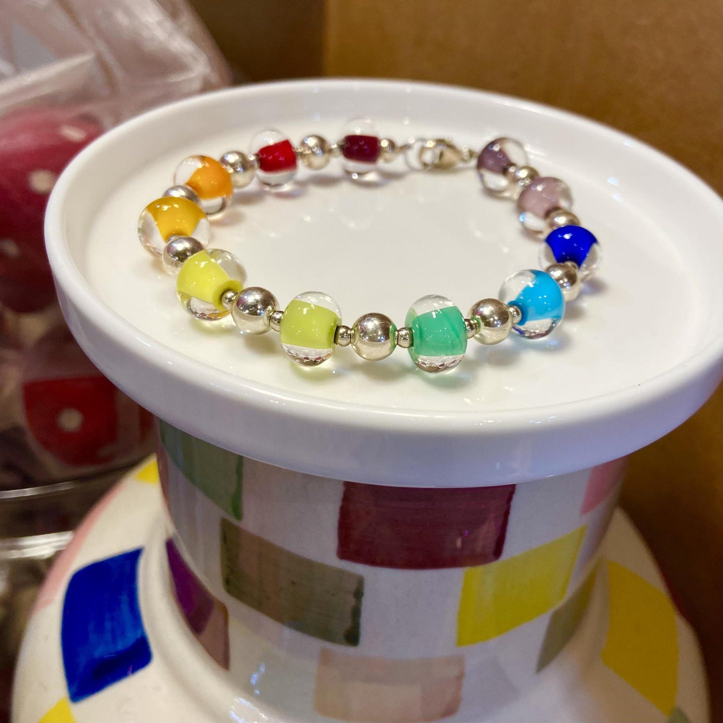Bracelet - Glass Pearl & Sterling - Rainbow