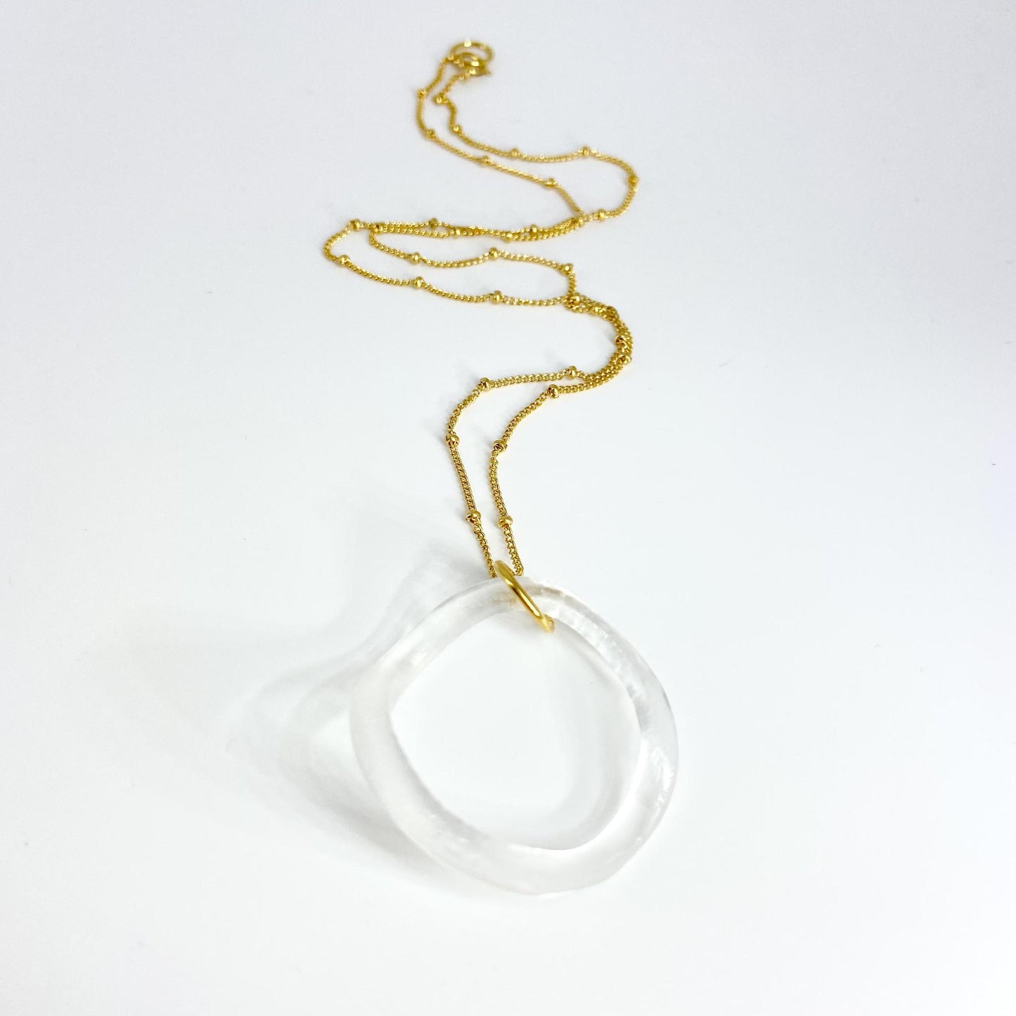 Necklace - Ruffled Glass Circle - 14kt Goldfill - Clear