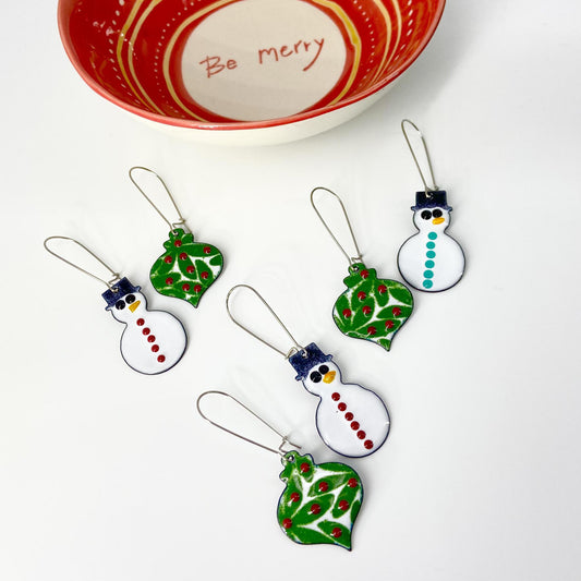 Earrings - Snowman & Ornament - Enamel on Copper