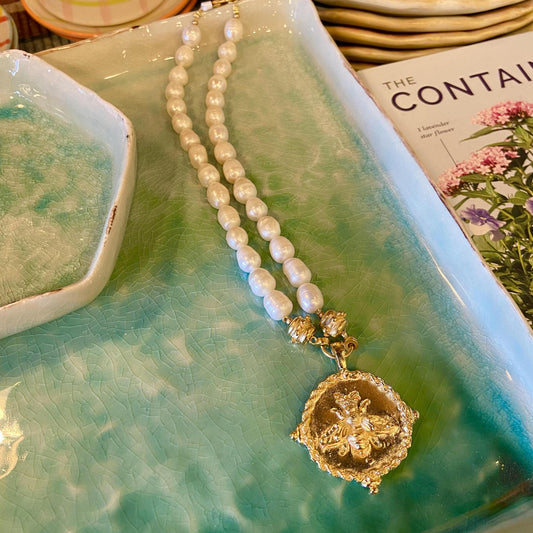 Necklace - Gold Bee & Freshwater Pearl - 24kt Gold Plated