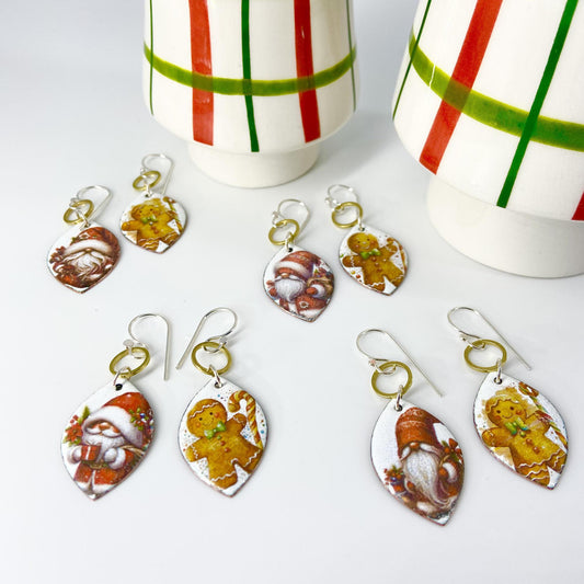 Earrings - Santa & Gingerbread Man - Enamel on Copper