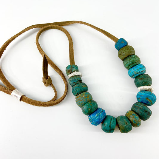 Necklace - 16 Hebron Glass Beads & Sterling Beads on Leather