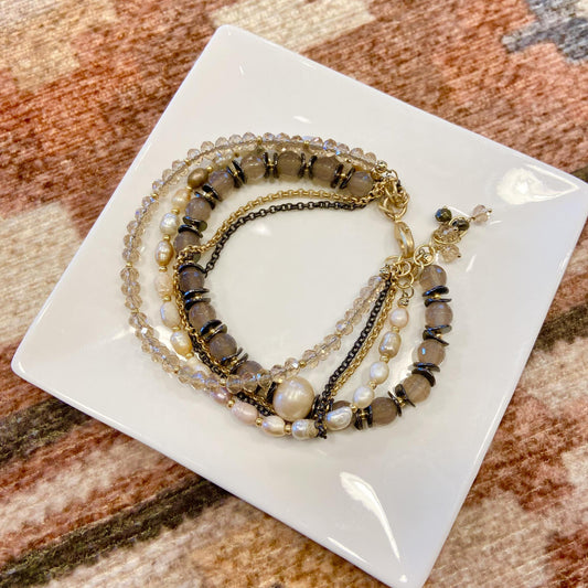 Bracelet - Pearl/Chalcedony/Crystals - Gold On Brass