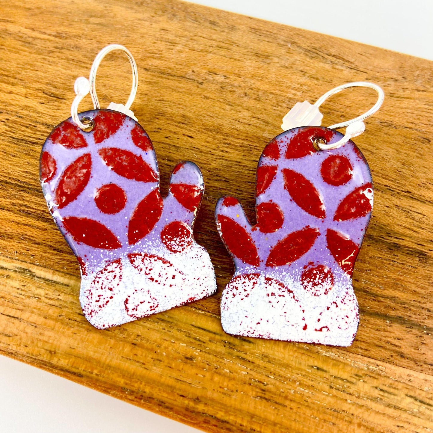 Earrings - Enamel & Copper - Pink/Red Mittens