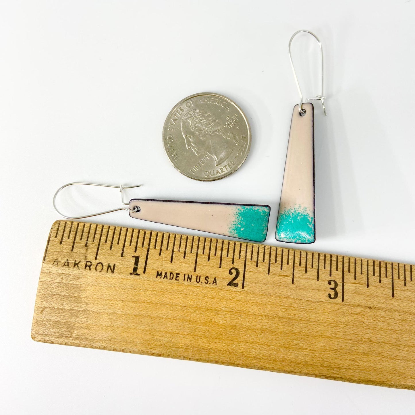 Earrings - Teal on Beige Bars - Enamel on Copper