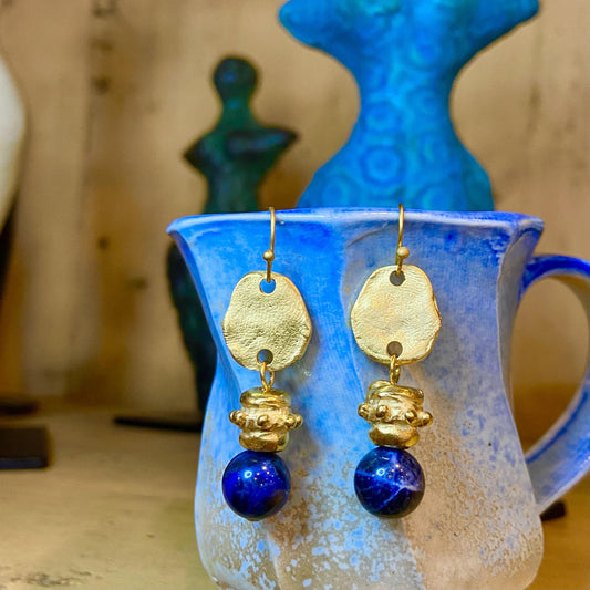 Earrings - Gold Dot & Sodalite - 24kt Gold Plated
